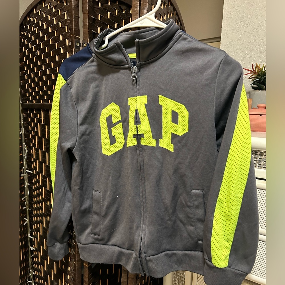 GAP grey and lime green youth zip up windbreaker jacket Sz L